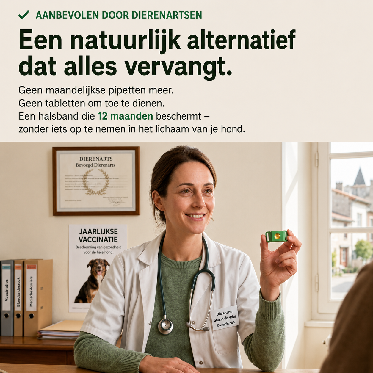 Dierenarts houdt de Canino halsband-hanger vast als natuurlijk alternatief
